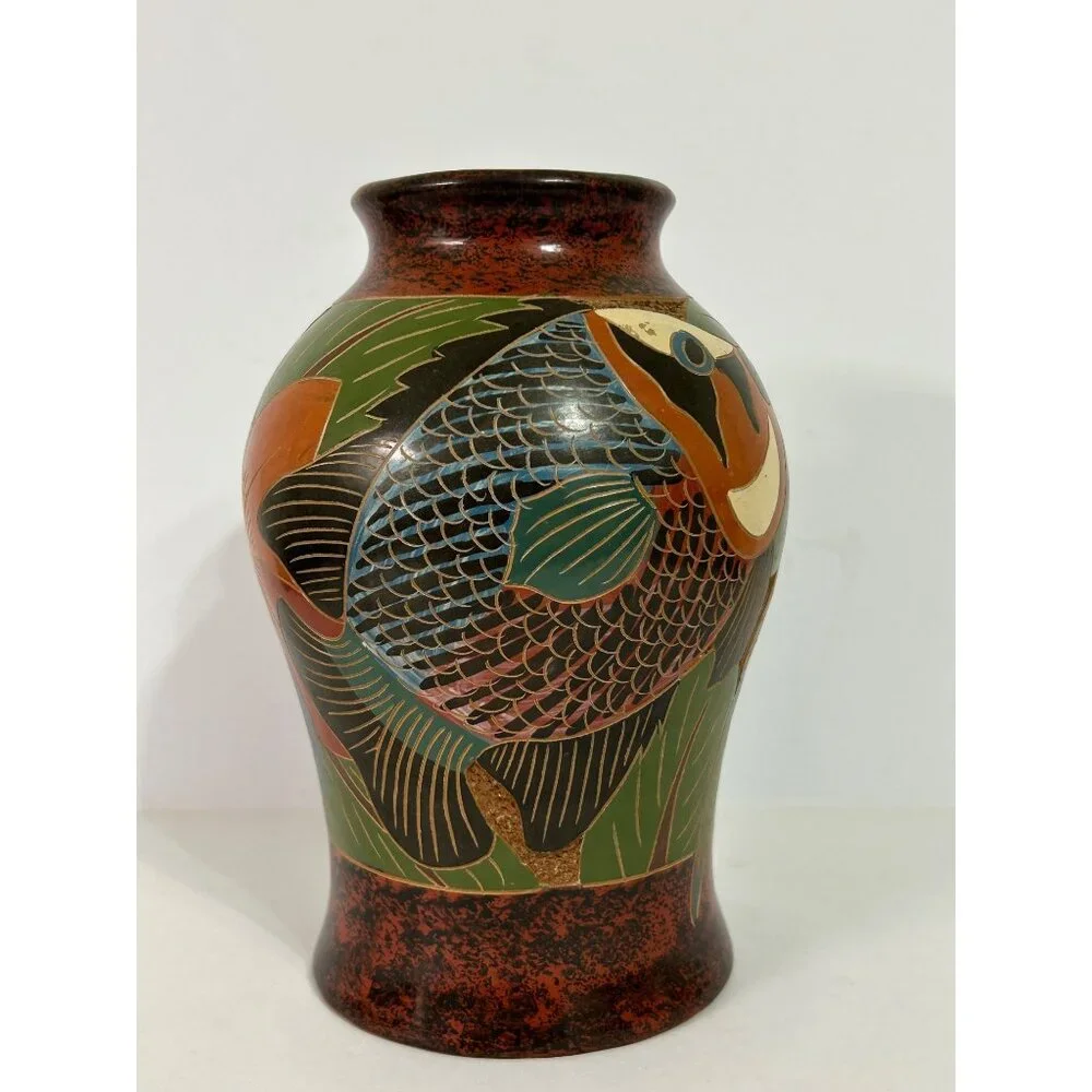 Handcrafted Ceramic Folk Art Vase Parrot & Fish Design Green Blue Red Cost Rica - Picture 4 of 10